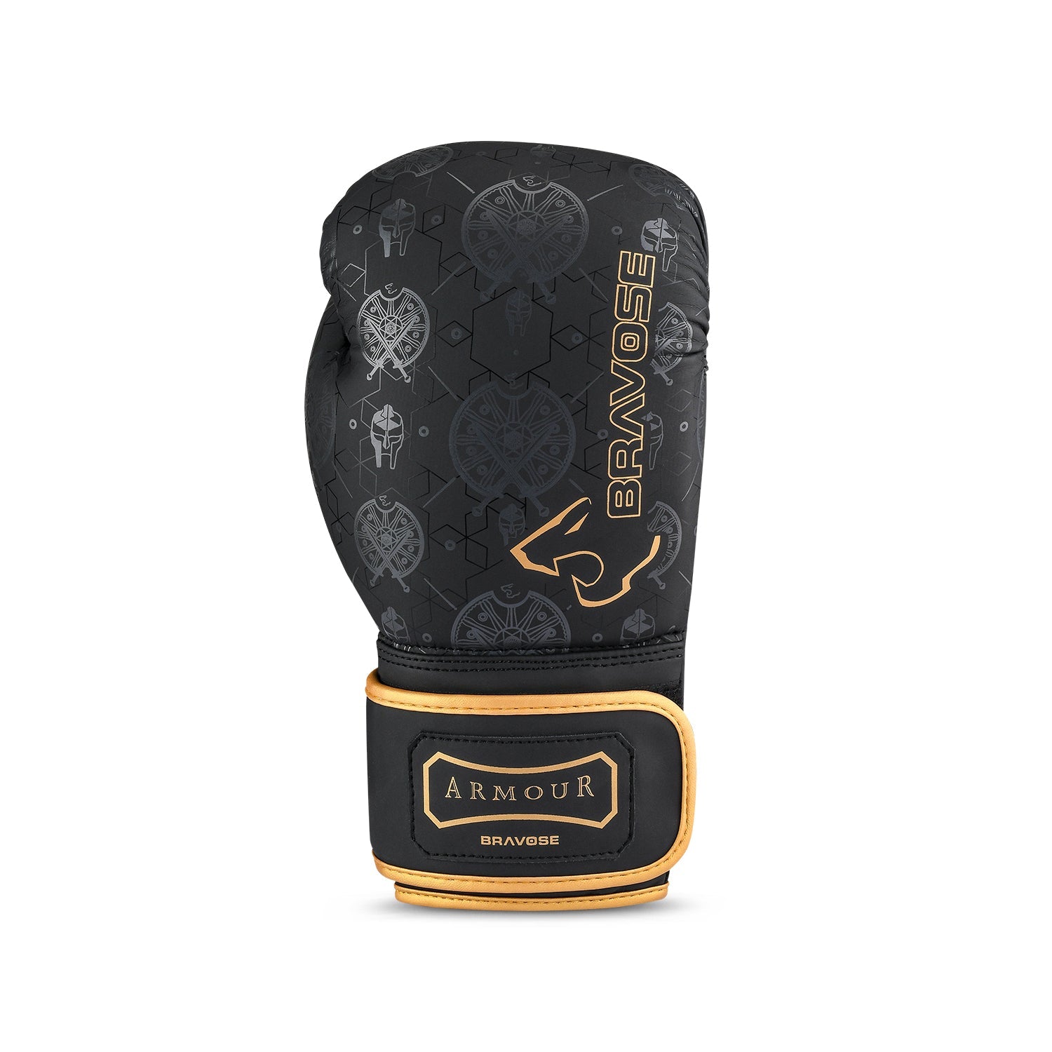 Armour 2.0 Boxing Gloves in matte black PU leather with gold trim and velcro strap — view 2