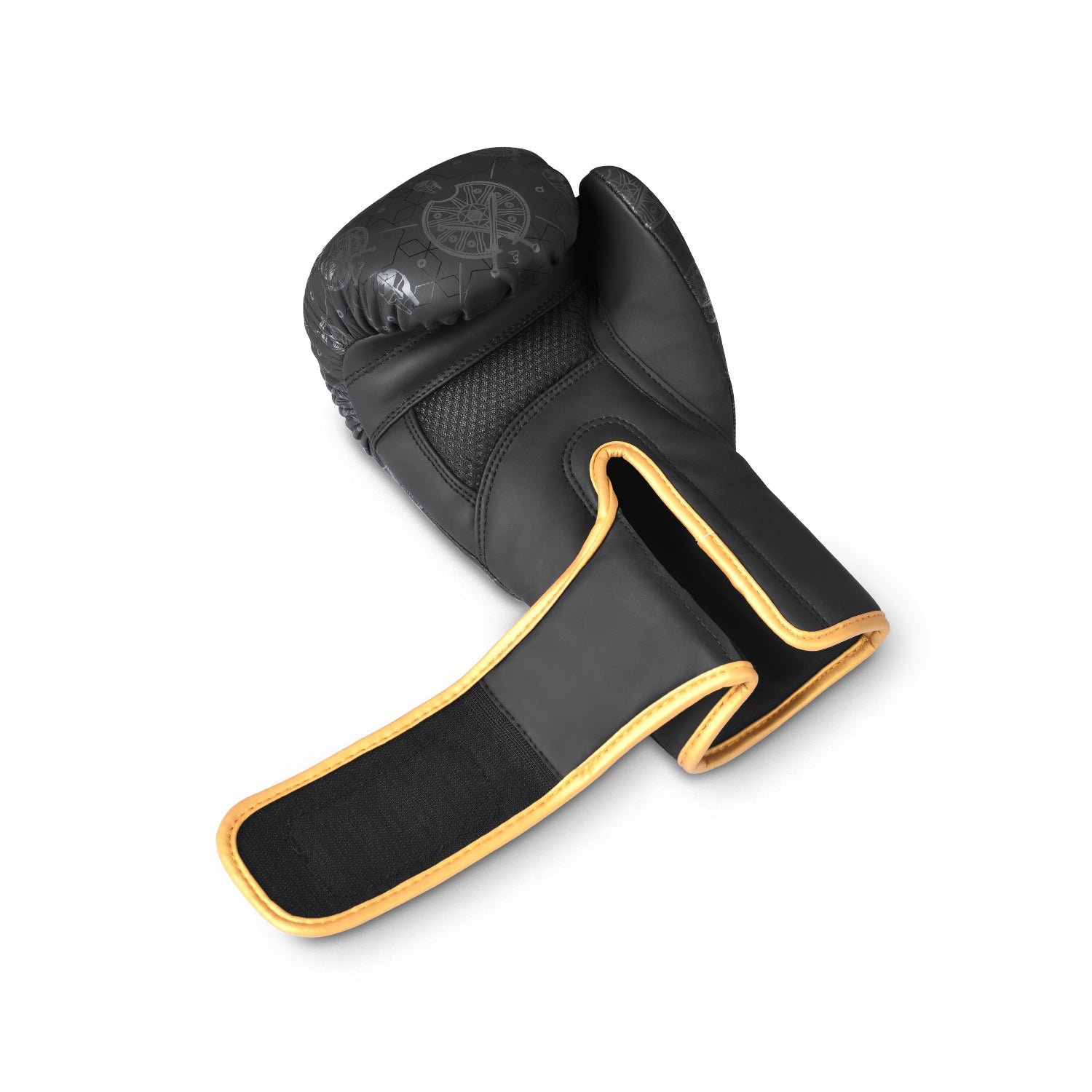 Armour 2.0 Boxing Gloves in matte black PU leather with gold trim and velcro strap — view 3