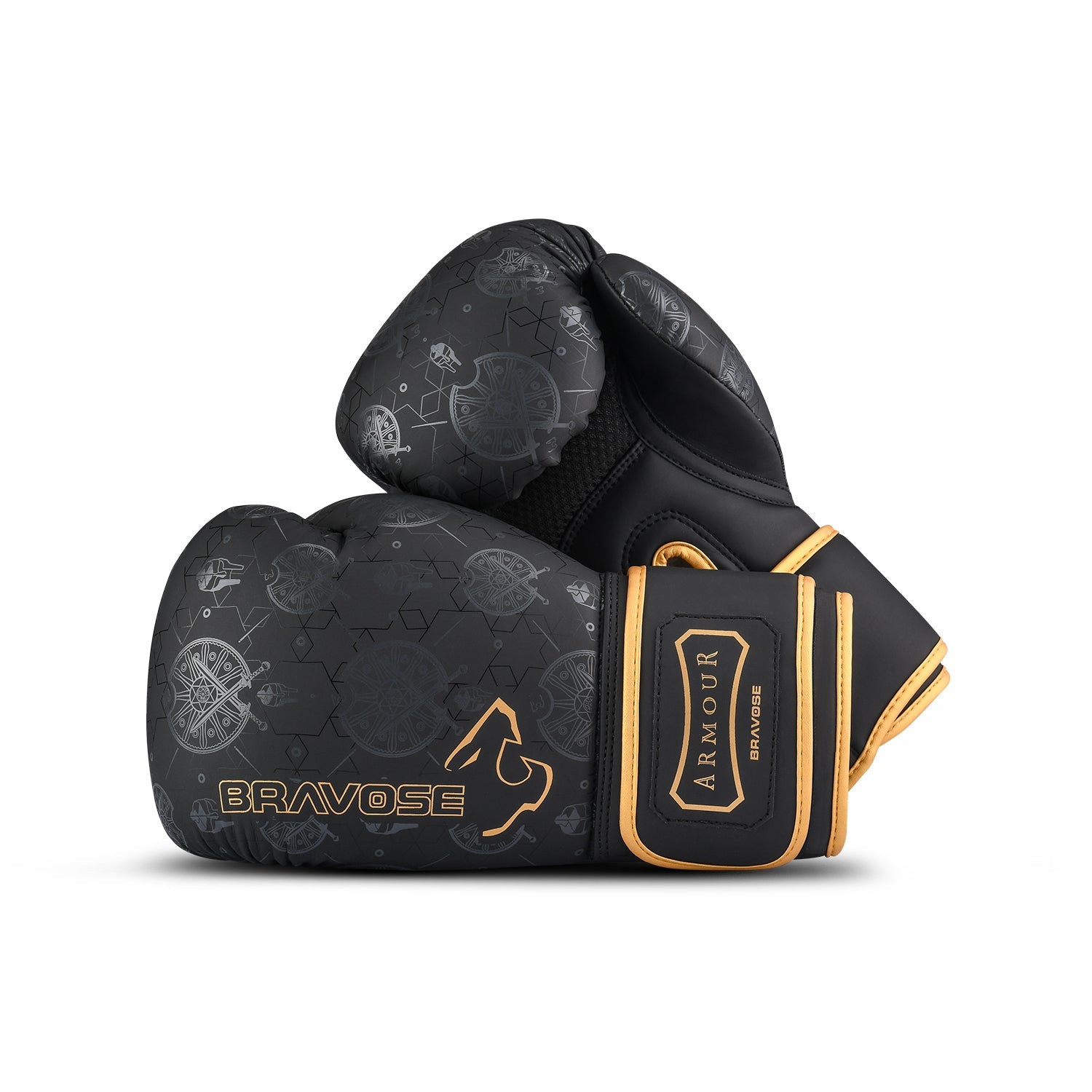 Armour 2.0 Boxing Gloves in matte black PU leather with gold trim and velcro strap — view 4