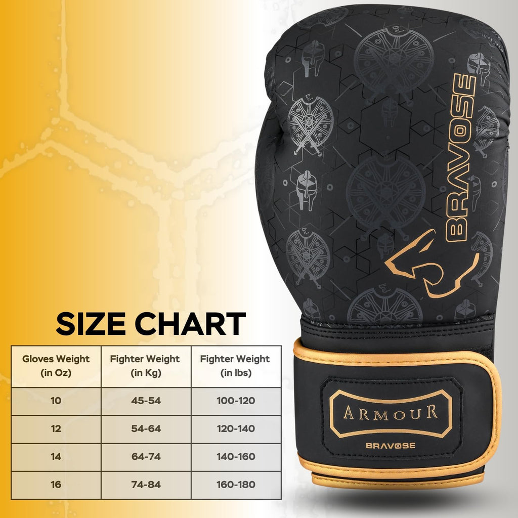 Armour 2.0 Boxing Gloves in matte black PU leather with gold trim and velcro strap — view 5