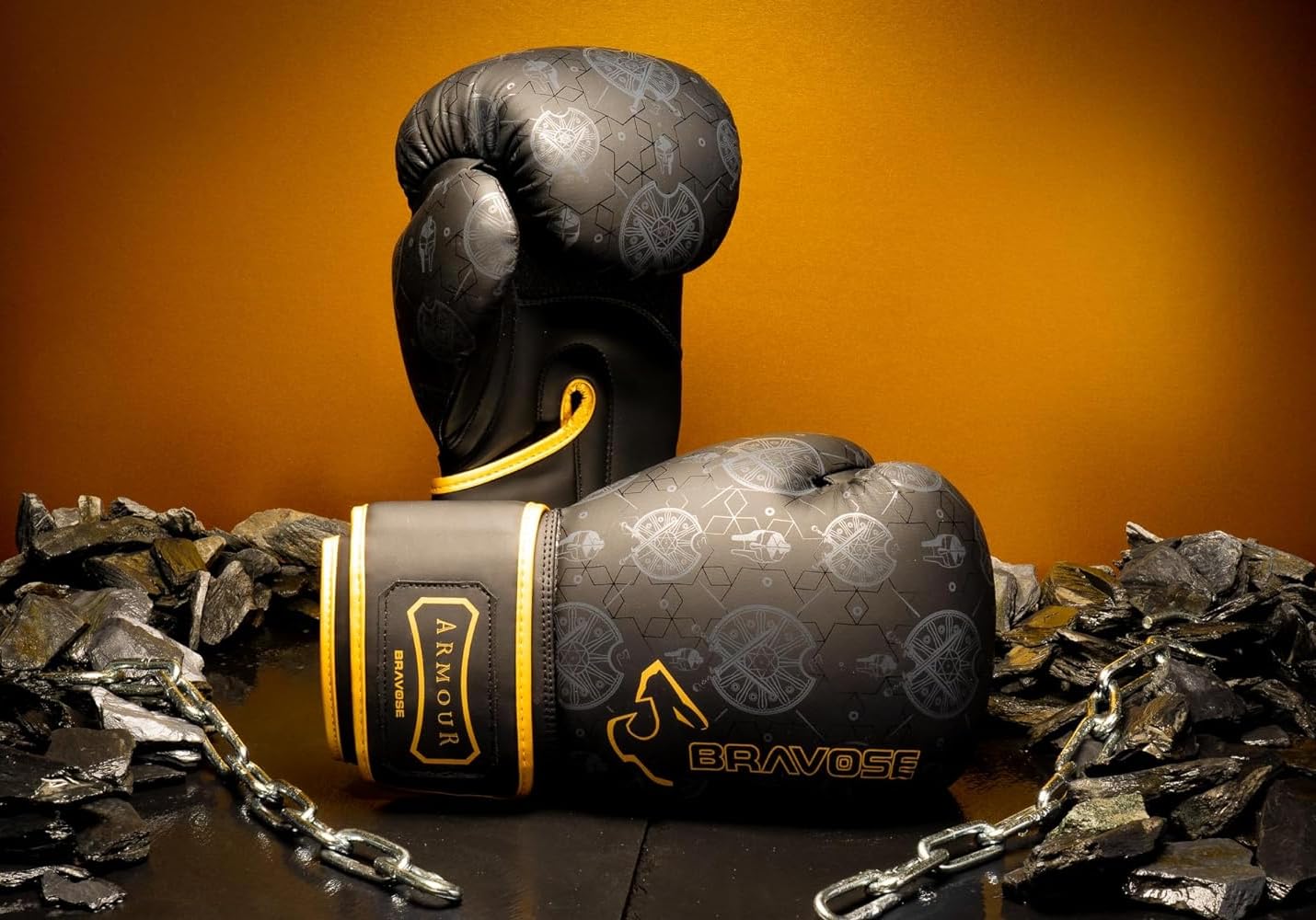 Armour 2.0 Boxing Gloves in matte black PU leather with gold trim and velcro strap — view 7