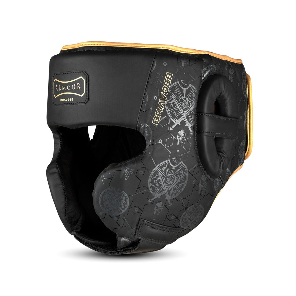Armour 2.0 premium black synthetic leather boxing head guard with gold accents and velcro straps