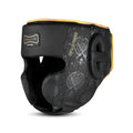 Armour 2.0 premium black synthetic leather boxing head guard with gold accents and velcro straps