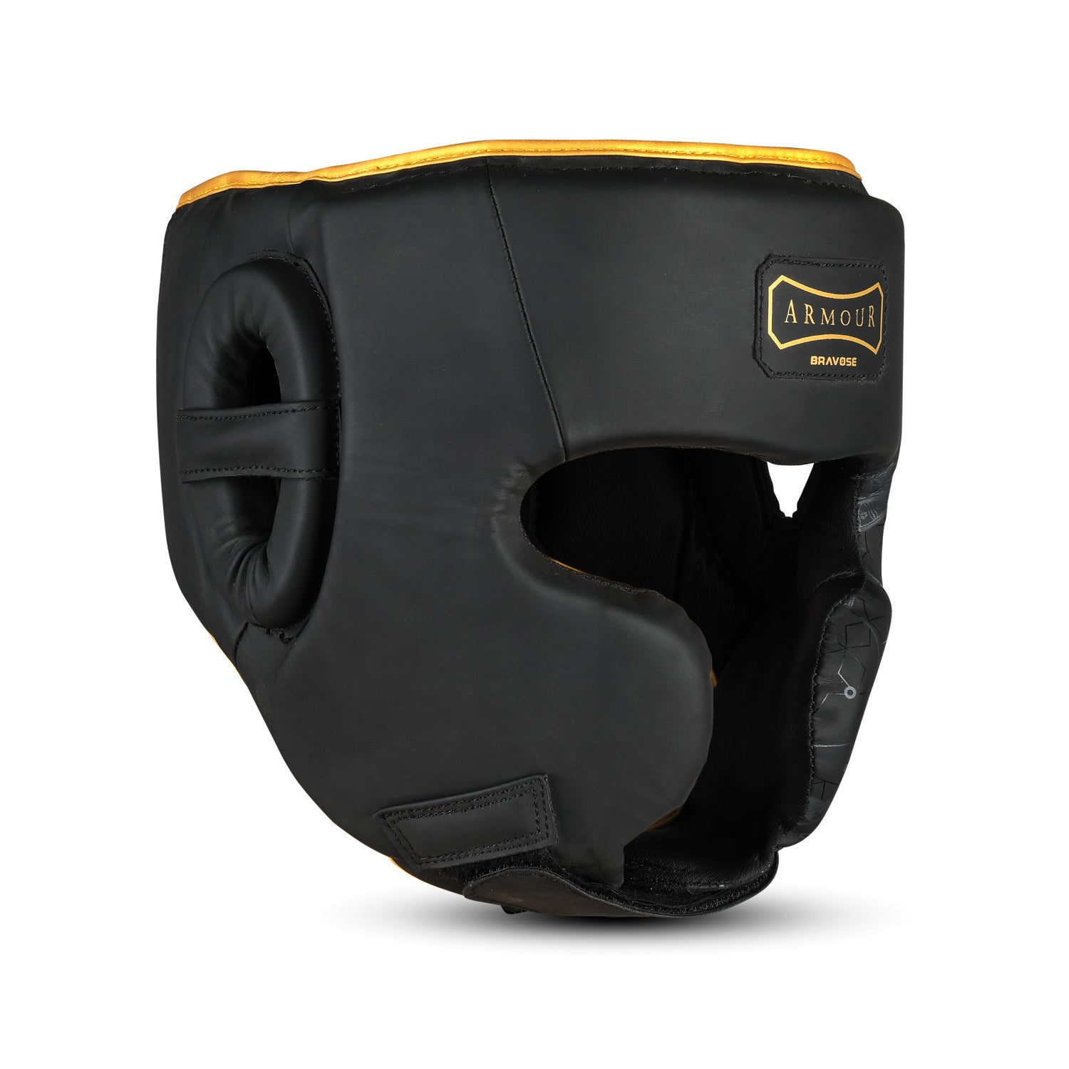 Armour 2.0 premium black synthetic leather boxing head guard with gold accents and velcro straps — view 2
