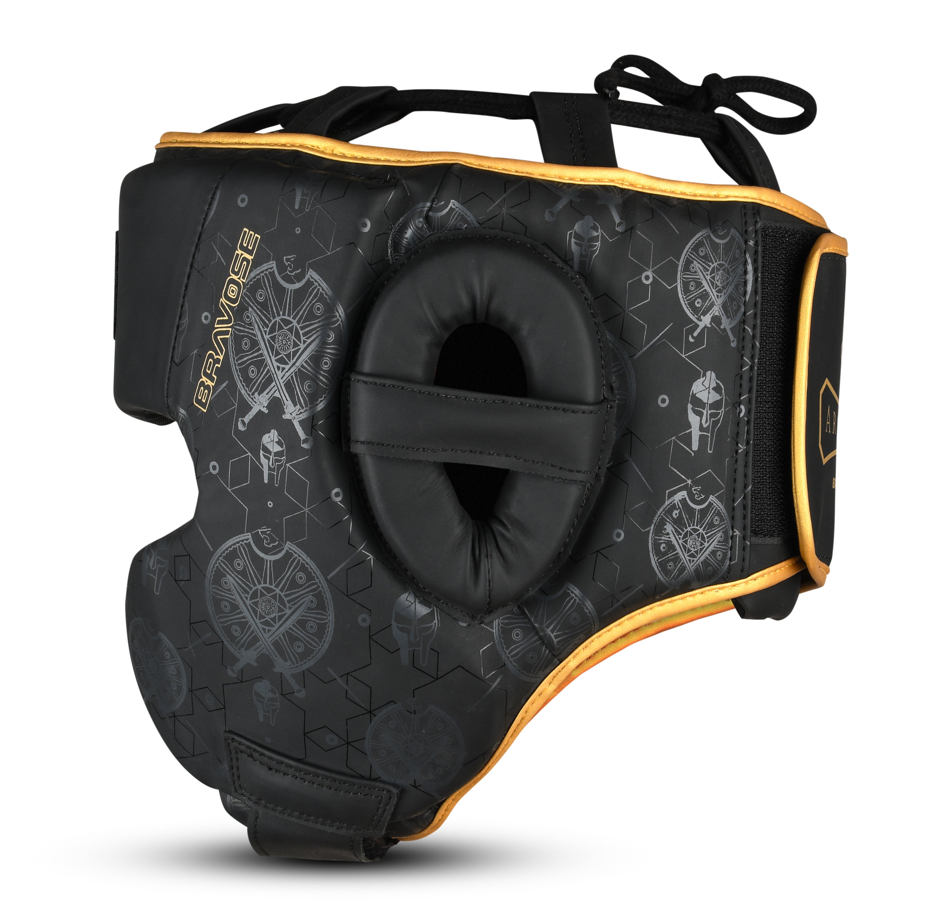 Armour 2.0 premium black synthetic leather boxing head guard with gold accents and velcro straps — view 3