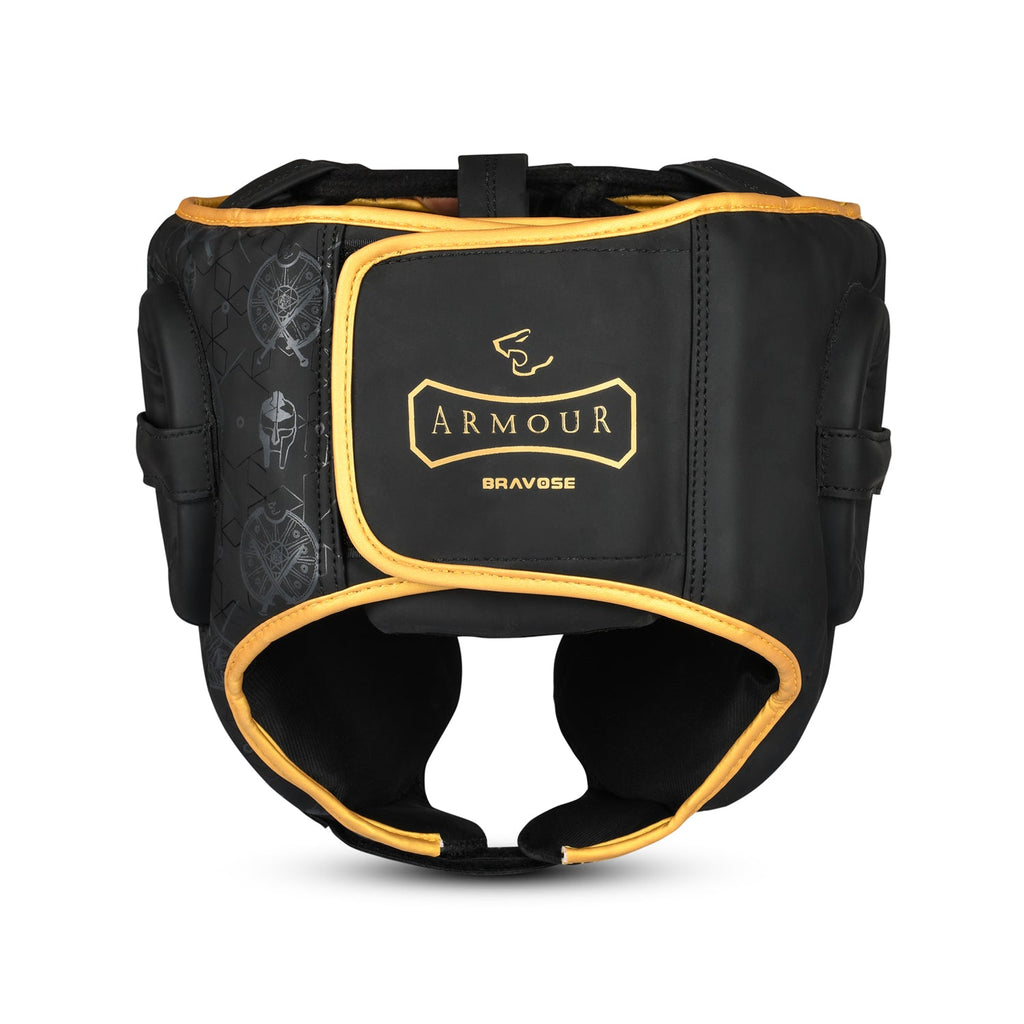 Armour 2.0 premium black synthetic leather boxing head guard with gold accents and velcro straps — view 4