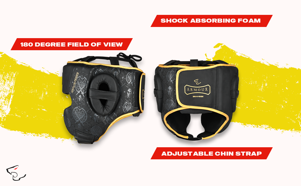 Armour 2.0 premium black synthetic leather boxing head guard with gold accents and velcro straps — view 5
