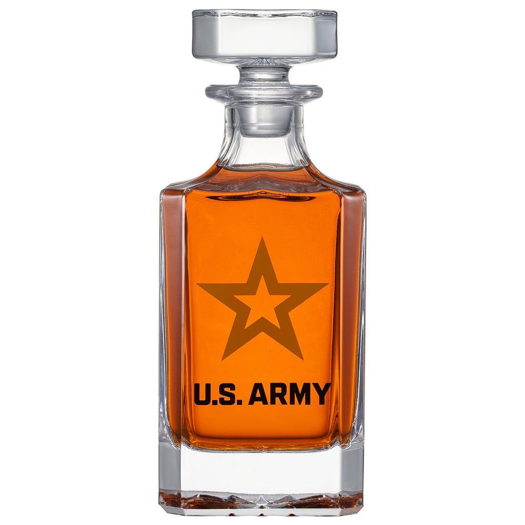 Army whiskey decanter set featuring two 10-ounce glasses and a beautifully crafted wooden gift box — view 3