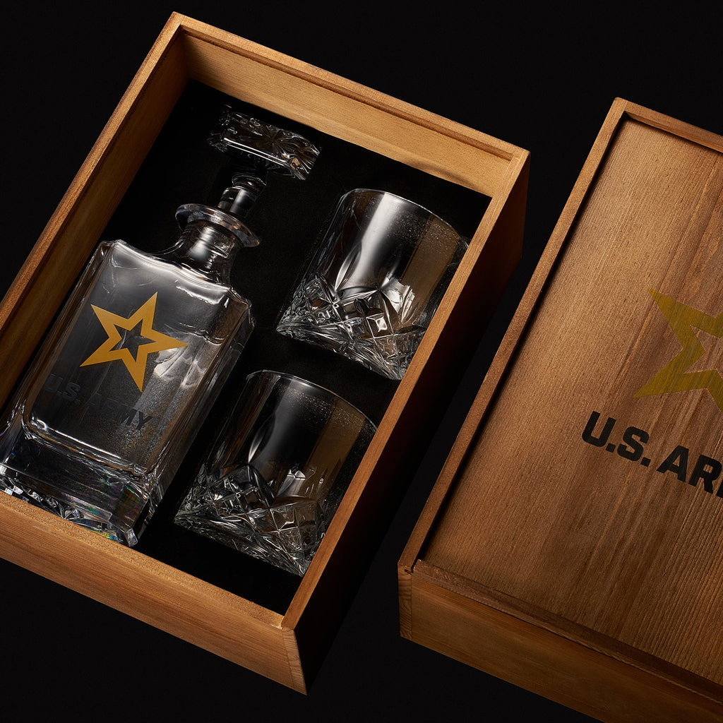 Army whiskey decanter set featuring two 10-ounce glasses and a beautifully crafted wooden gift box — view 5