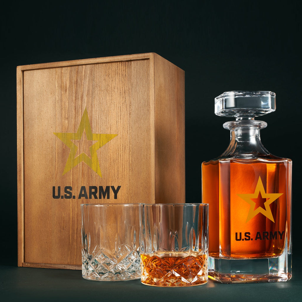 Army whiskey decanter set featuring two 10-ounce glasses and a beautifully crafted wooden gift box — view 4