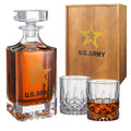 Army whiskey decanter set featuring two 10-ounce glasses and a beautifully crafted wooden gift box