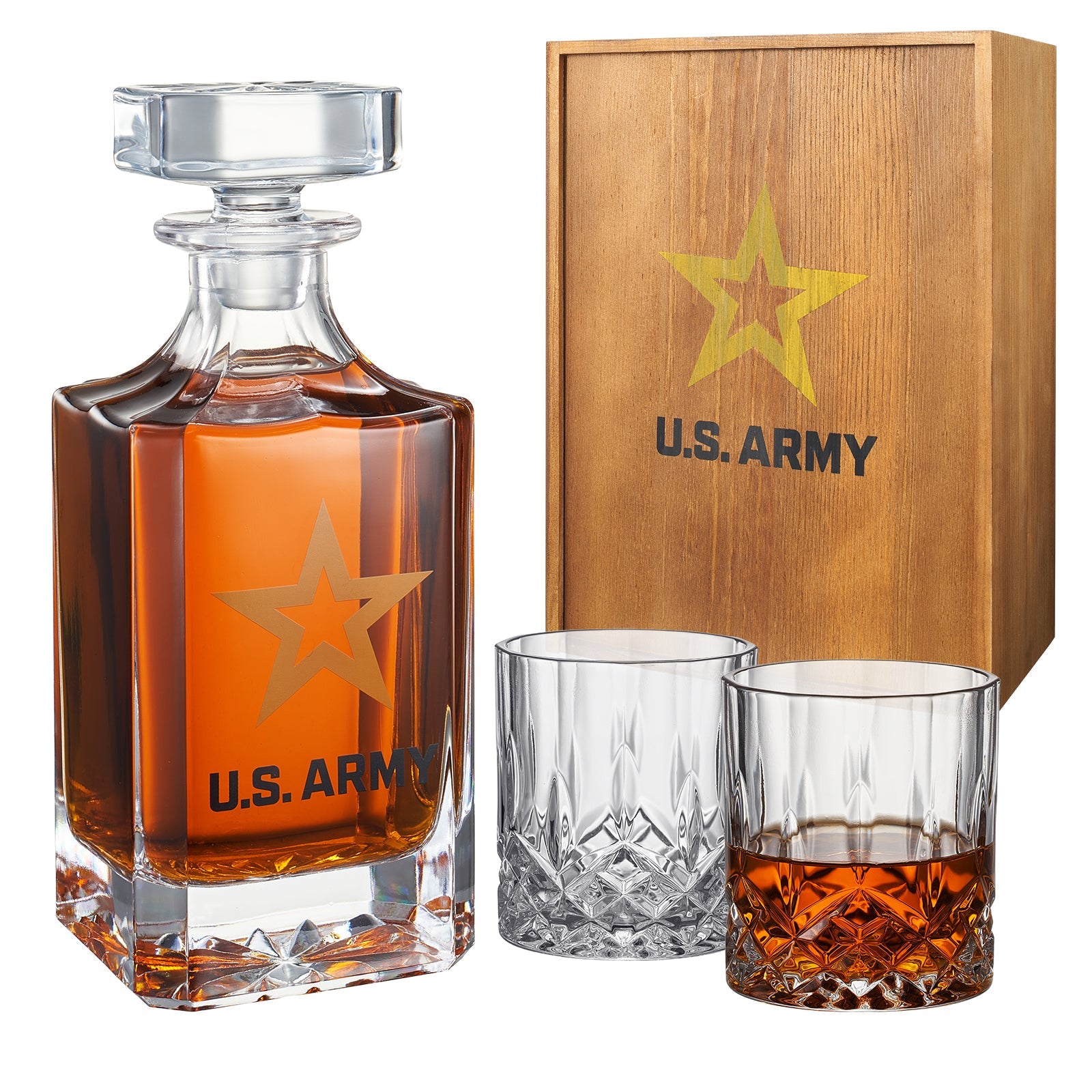 Army whiskey decanter set featuring two 10-ounce glasses and a beautifully crafted wooden gift box