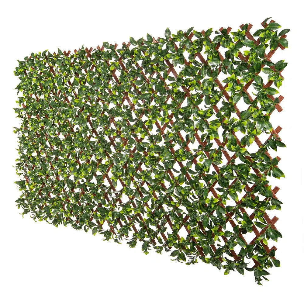 Expandable artificial jasmine trellis privacy screen featuring lifelike green foliage on a diamond lattice.