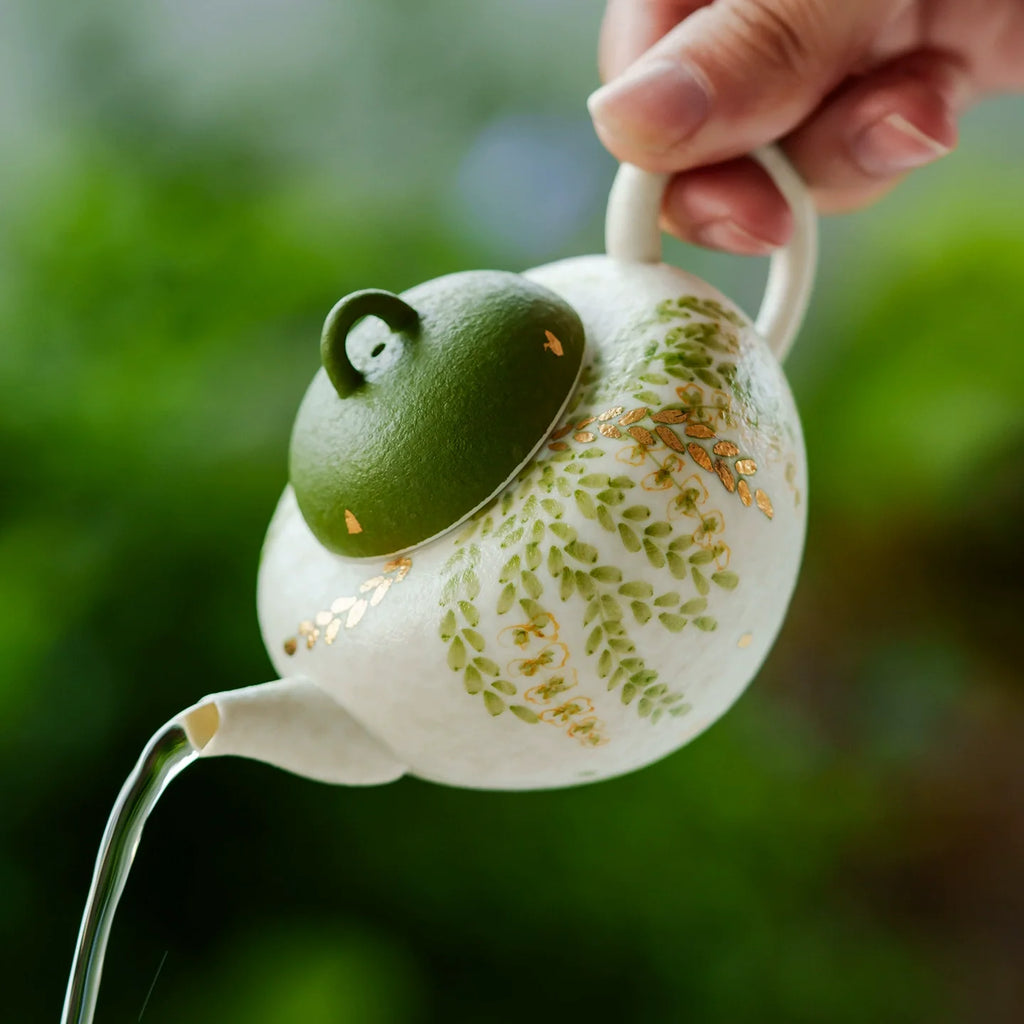 Handmade ceramic green leaf teapot with dome lid and loop handle for traditional tea ceremonies — view 3