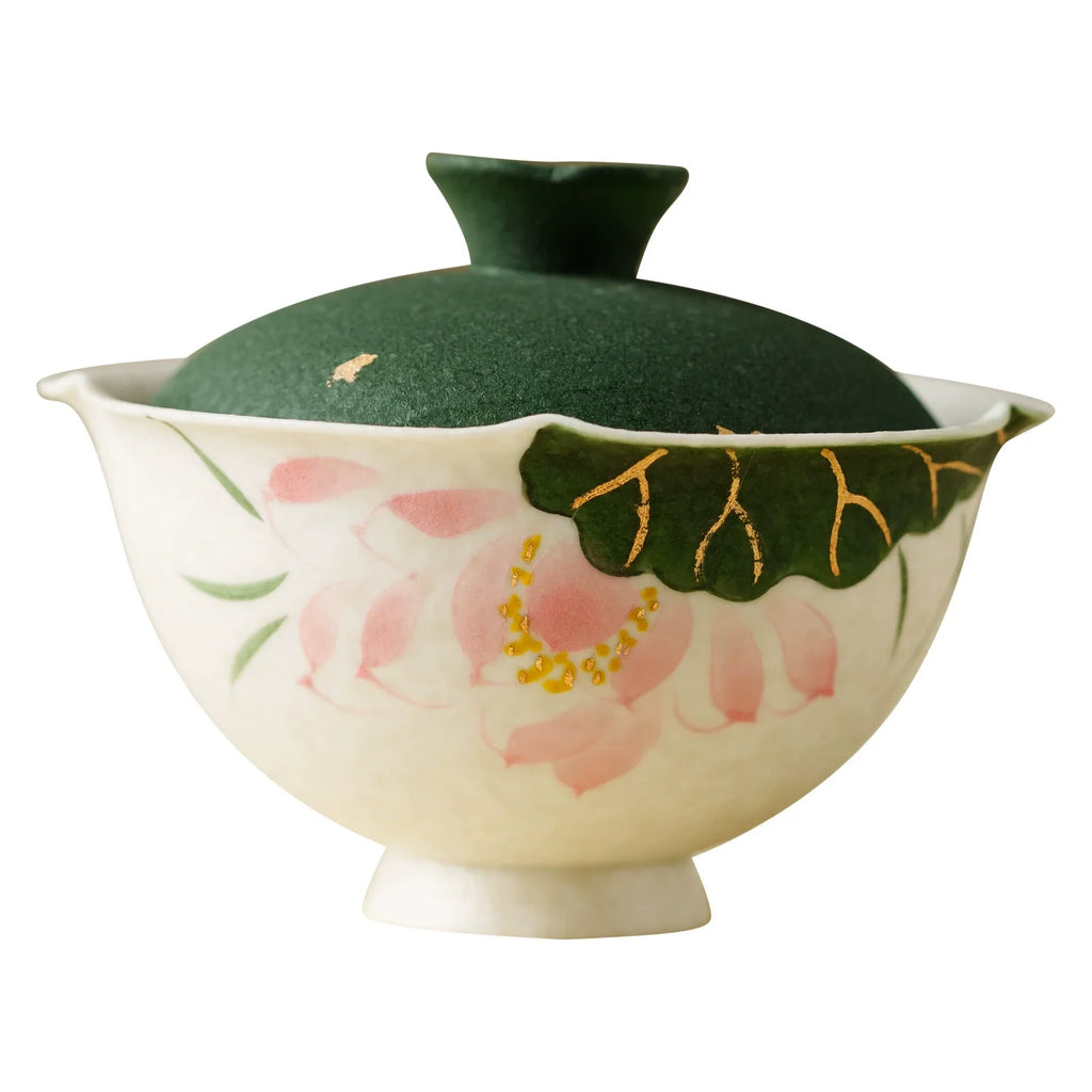Handmade ceramic gaiwan with green lid and hand-painted pink lotus flower motif — view 5