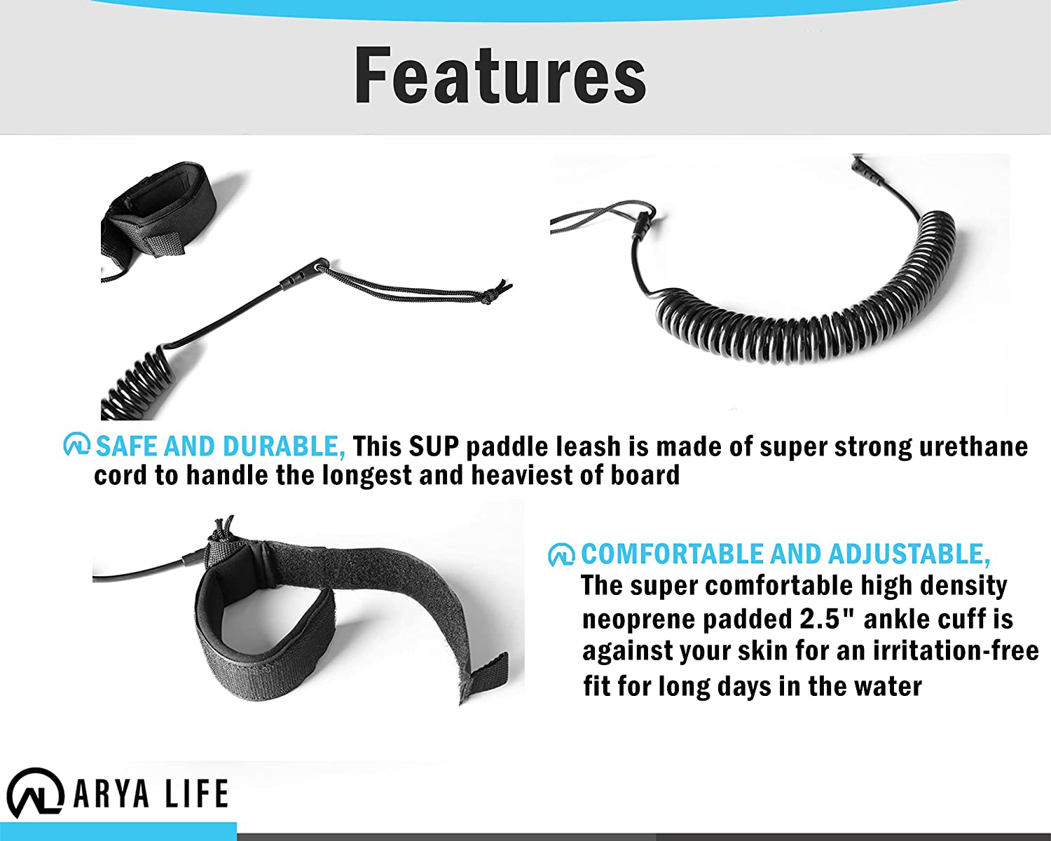 Blue 10 ft coiled SUP leash with neoprene ankle strap and stainless steel swivels — view 2