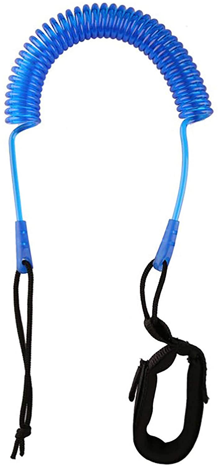 Blue 10 ft coiled SUP leash with neoprene ankle strap and stainless steel swivels