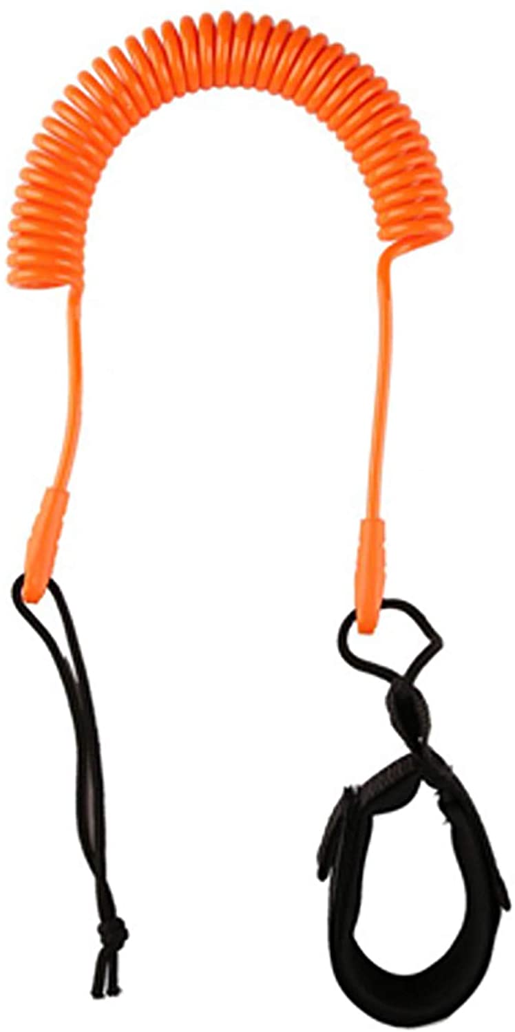 Vibrant orange 10 foot coiled SUP leash with padded neoprene ankle strap and stainless steel swivels
