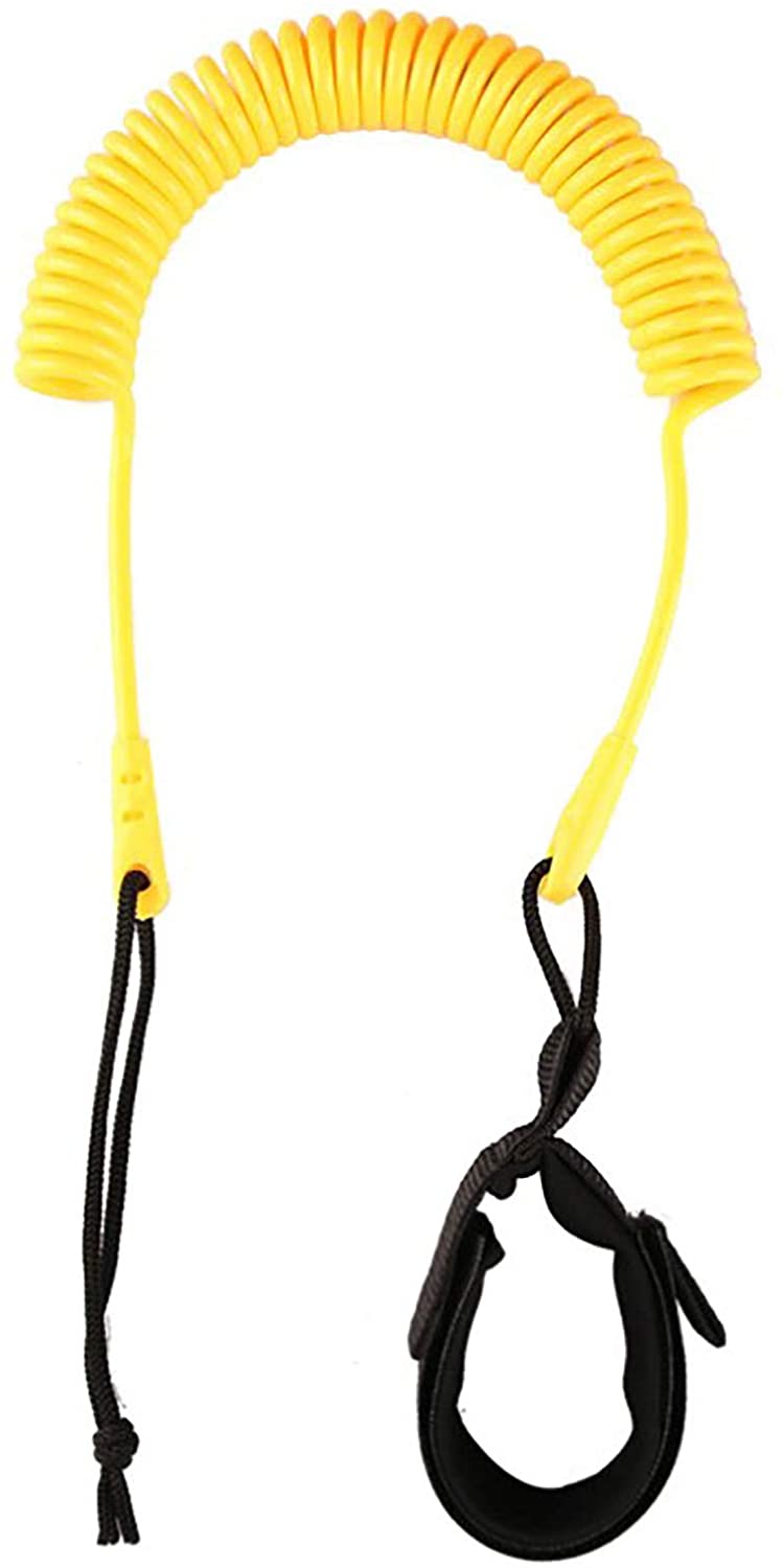 Yellow 10 foot coiled paddle board leash with padded neoprene ankle strap and marine grade hardware