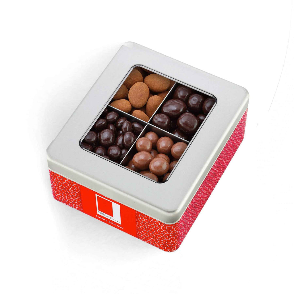 Luxury assorted chocolate-coated fruits and nuts presented in an elegant, reusable 850g gift tin