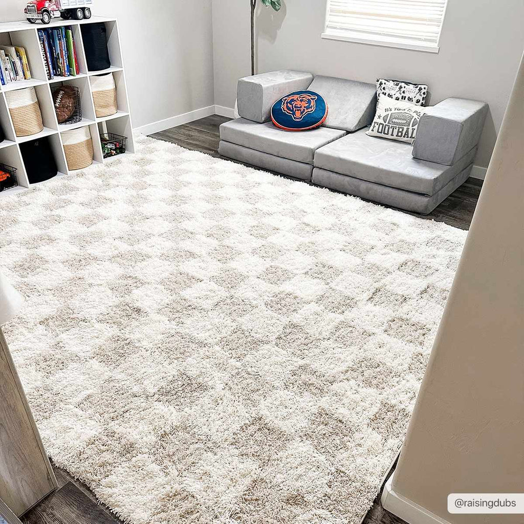 Atira light brown checkered area rug featuring a thick plush polypropylene pile and contemporary design — view 2