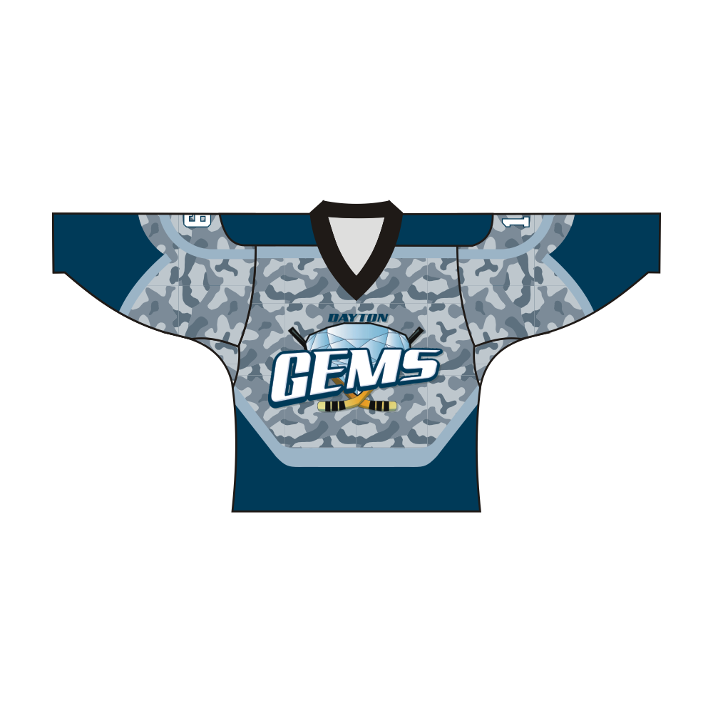 Sublimated GEMS design hockey jersey in vibrant colors with long sleeves and v-neck collar