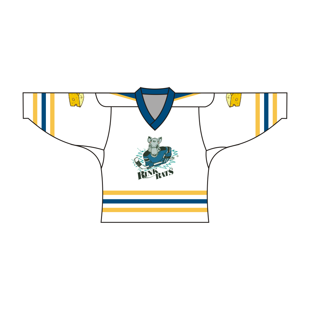 Sublimated RINK RATS team hockey jersey featuring V-neck long sleeves and fade-resistant polyester fabric