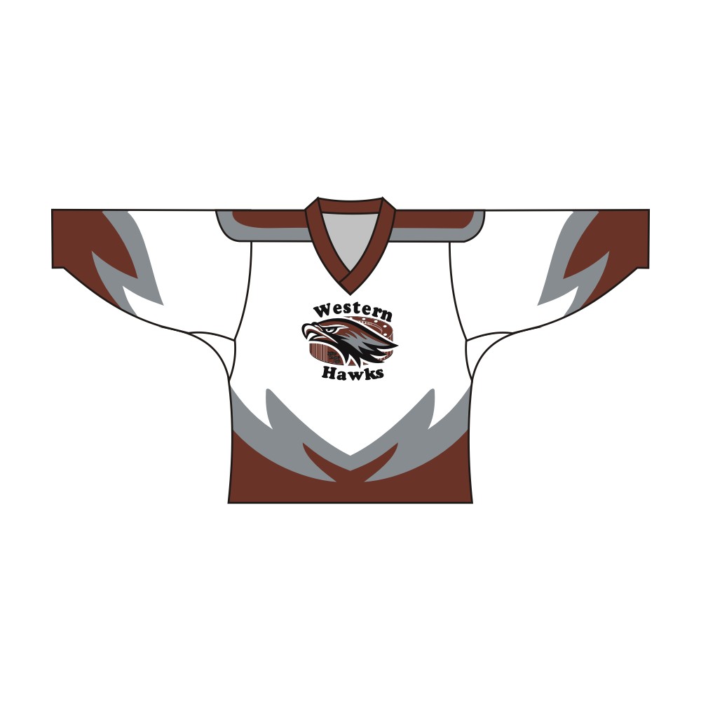 Sublimated Western Hawks hockey jersey in breathable polyester fabric with classic V-neck and long sleeves