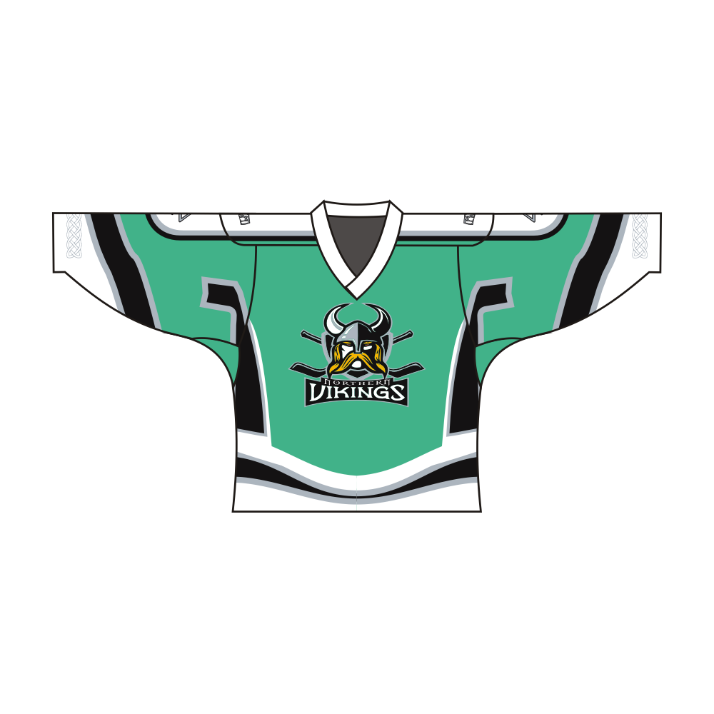 Sublimated Northern Vikings team hockey jersey featuring breathable polyester fabric and long V-neck sleeves.