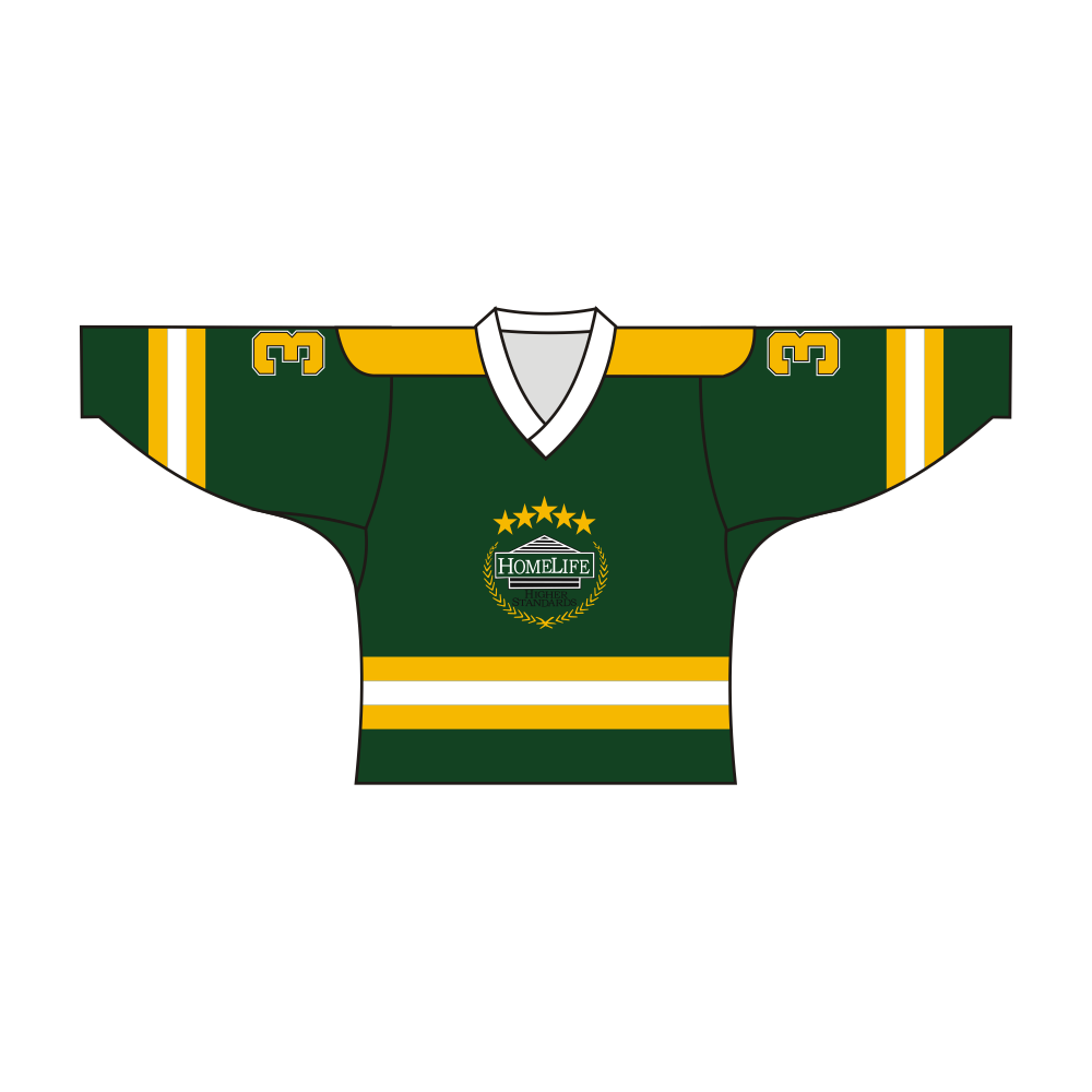 Green sublimated V-neck long sleeve hockey jersey made of breathable polyester fabric