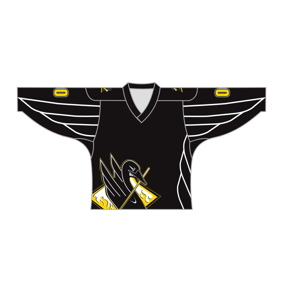 Black long sleeve V-neck hockey jersey featuring a sublimated duck design in breathable polyester fabric