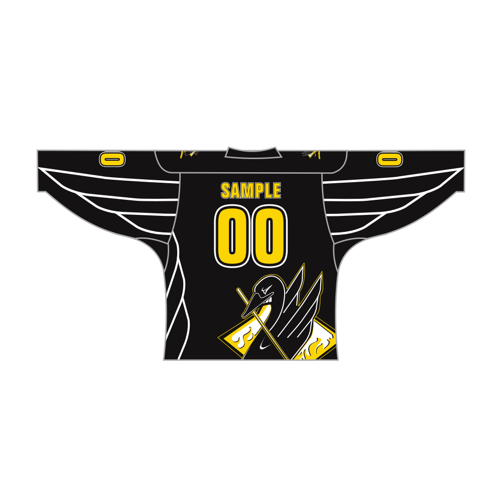 Black long sleeve V-neck hockey jersey featuring a sublimated duck design in breathable polyester fabric — view 2