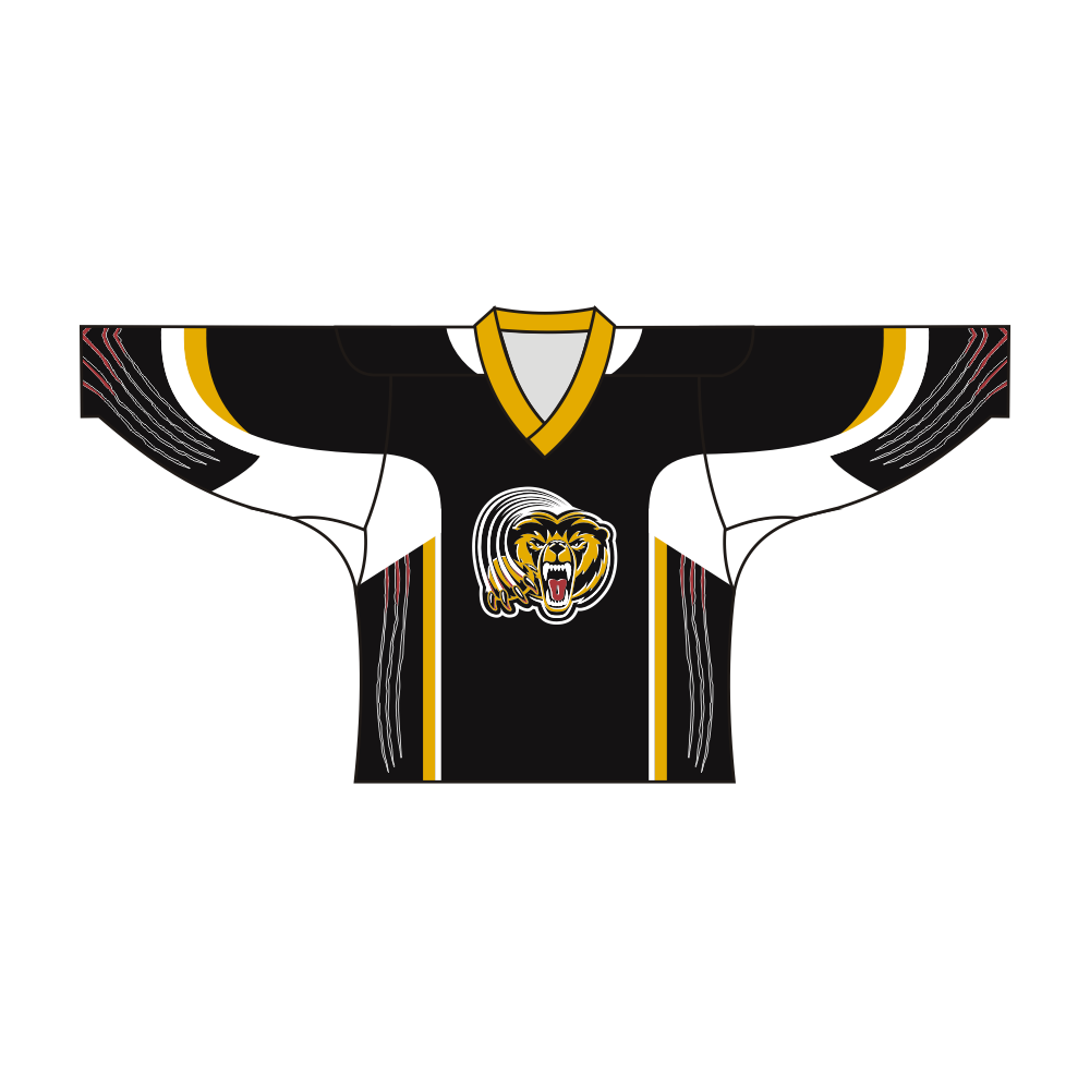 Black and white sublimated tiger team hockey jersey with v-neck and long sleeves.