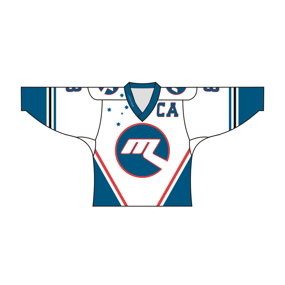 Blue and white sublimated CA team design hockey jersey with v-neck and long sleeves