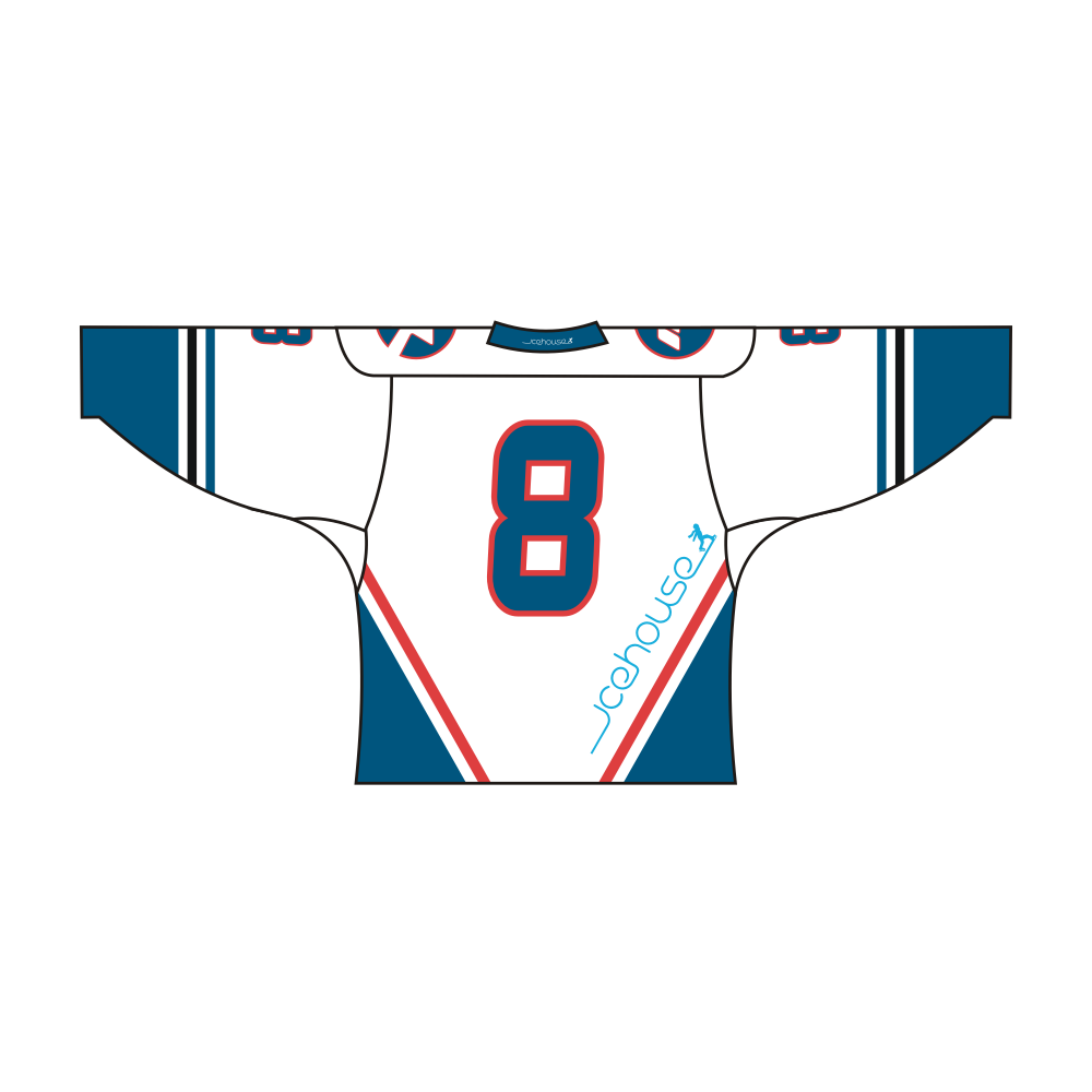 Blue and white sublimated CA team design hockey jersey with v-neck and long sleeves — view 2
