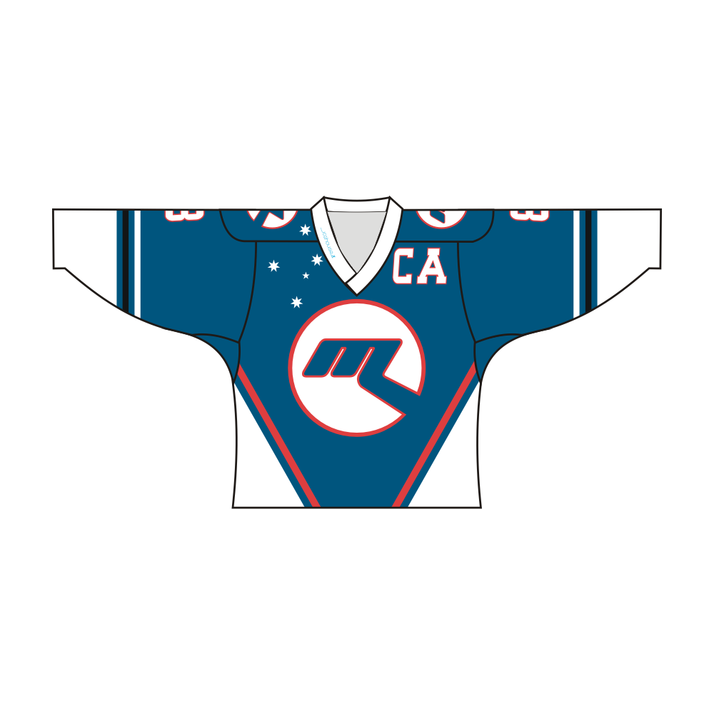 Blue and white sublimated CA team design hockey jersey with v-neck and long sleeves — view 3
