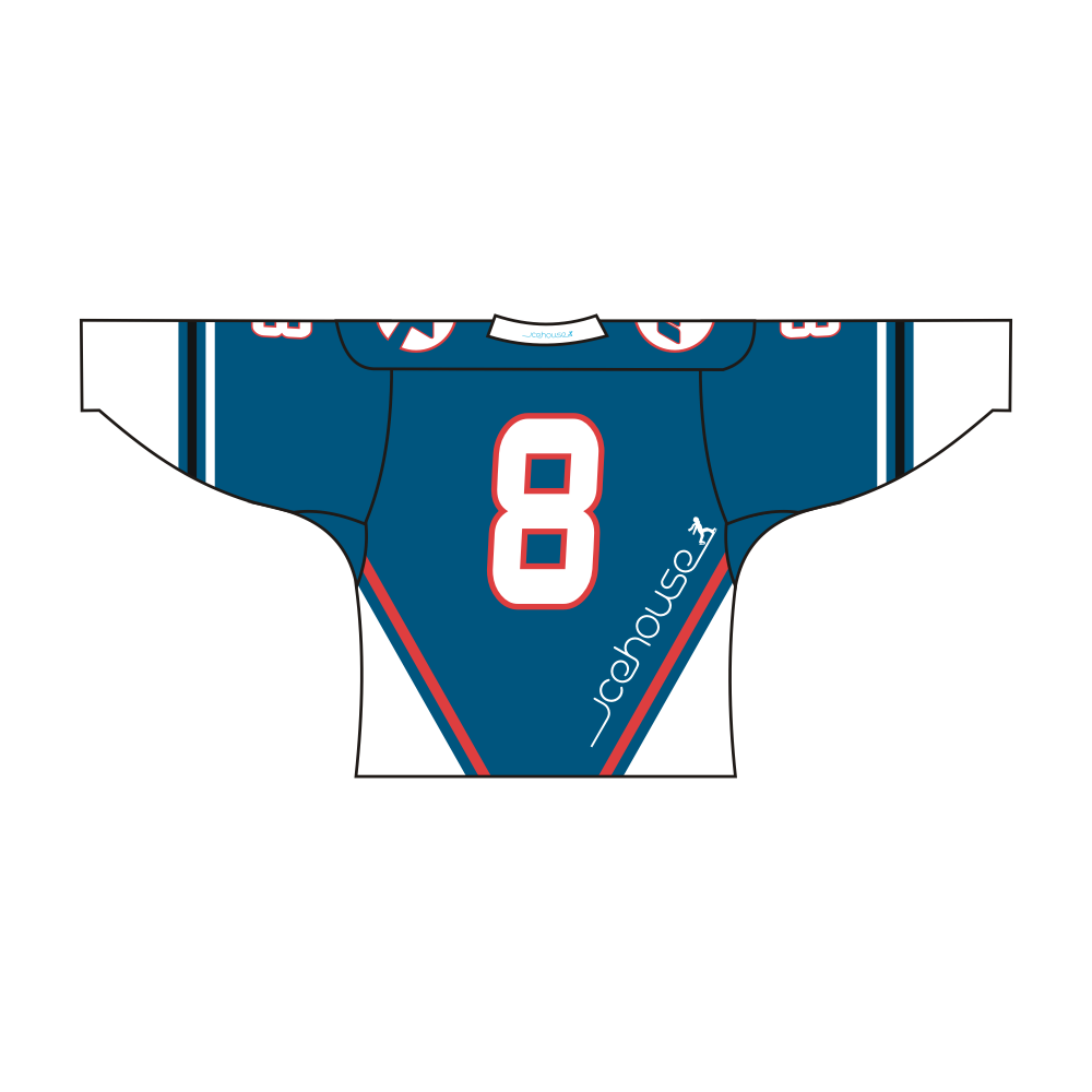 Blue and white sublimated CA team design hockey jersey with v-neck and long sleeves — view 4