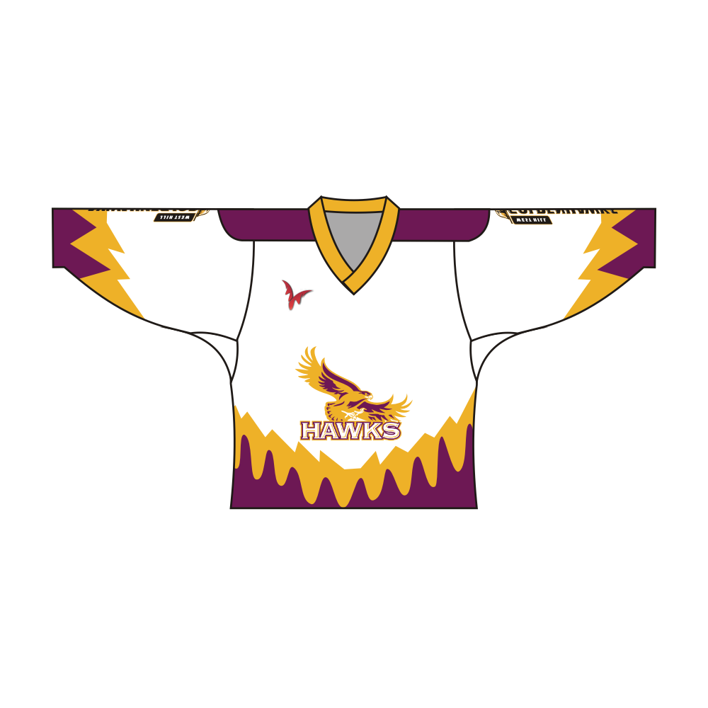 White yellow and purple Hawks team design hockey jersey with long sleeves and V-neck collar
