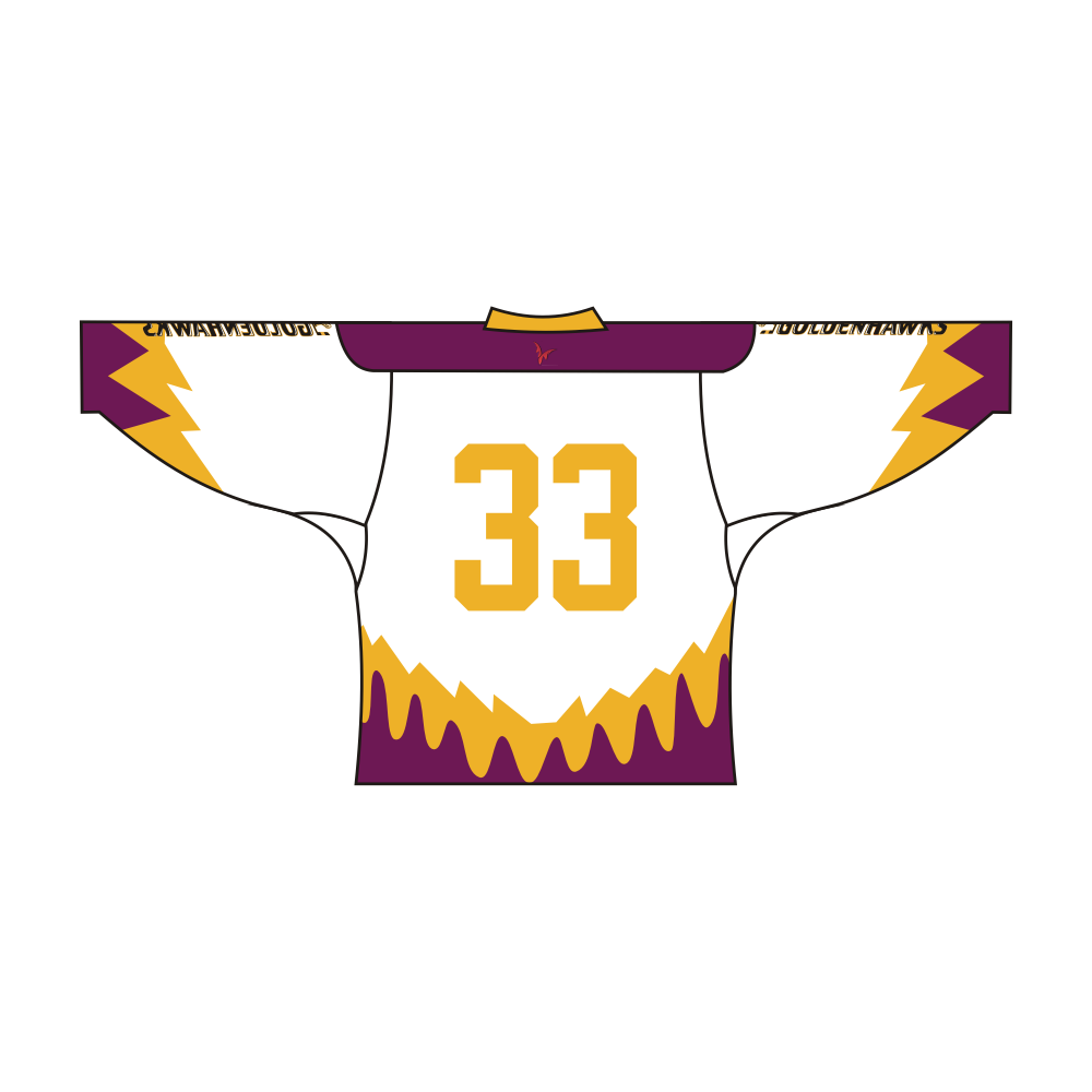 White yellow and purple Hawks team design hockey jersey with long sleeves and V-neck collar — view 2
