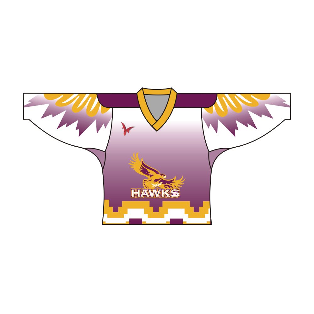 White yellow and purple Hawks team design hockey jersey with long sleeves and V-neck collar — view 3