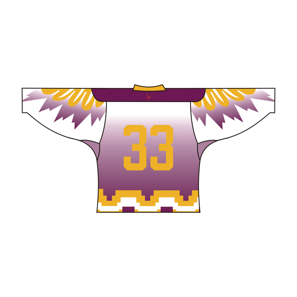 White yellow and purple Hawks team design hockey jersey with long sleeves and V-neck collar — view 4