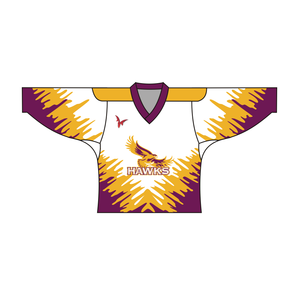 White yellow and purple Hawks team design hockey jersey with long sleeves and V-neck collar — view 5