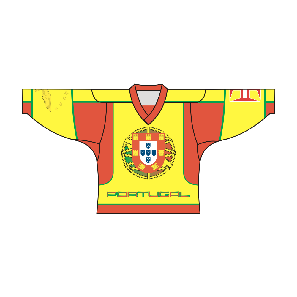 Sublimated Portugal Madeira long sleeve hockey jersey with V-neck collar and vibrant team graphics