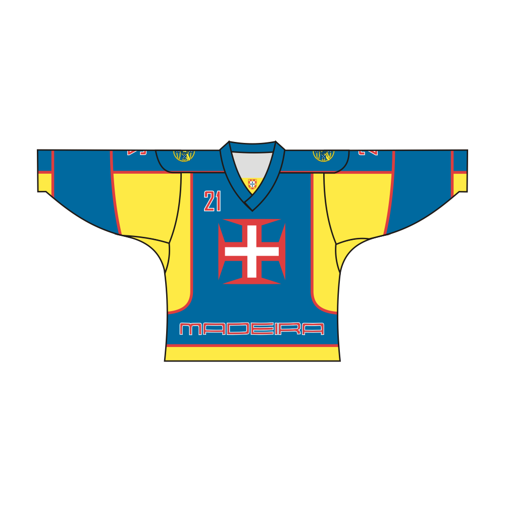 Sublimated Portugal Madeira long sleeve hockey jersey with V-neck collar and vibrant team graphics — view 3