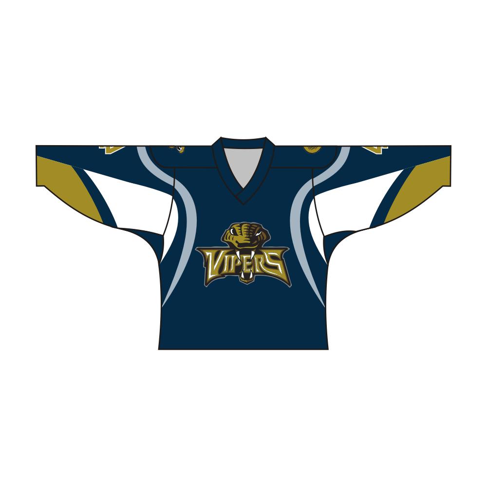 Blue sublimated Vipers hockey jersey with long sleeves and V-neck made of knitted polyester