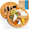Round natural bamboo cheese board with swiveling hidden drawer and four stainless steel cheese knives