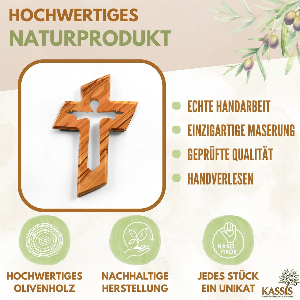 Olivenholz Kreuz mit auferstandenem Jesus (13 cm) | Wandkreuz als Geschenk zur Taufe, Kommunion & Firmung-1
