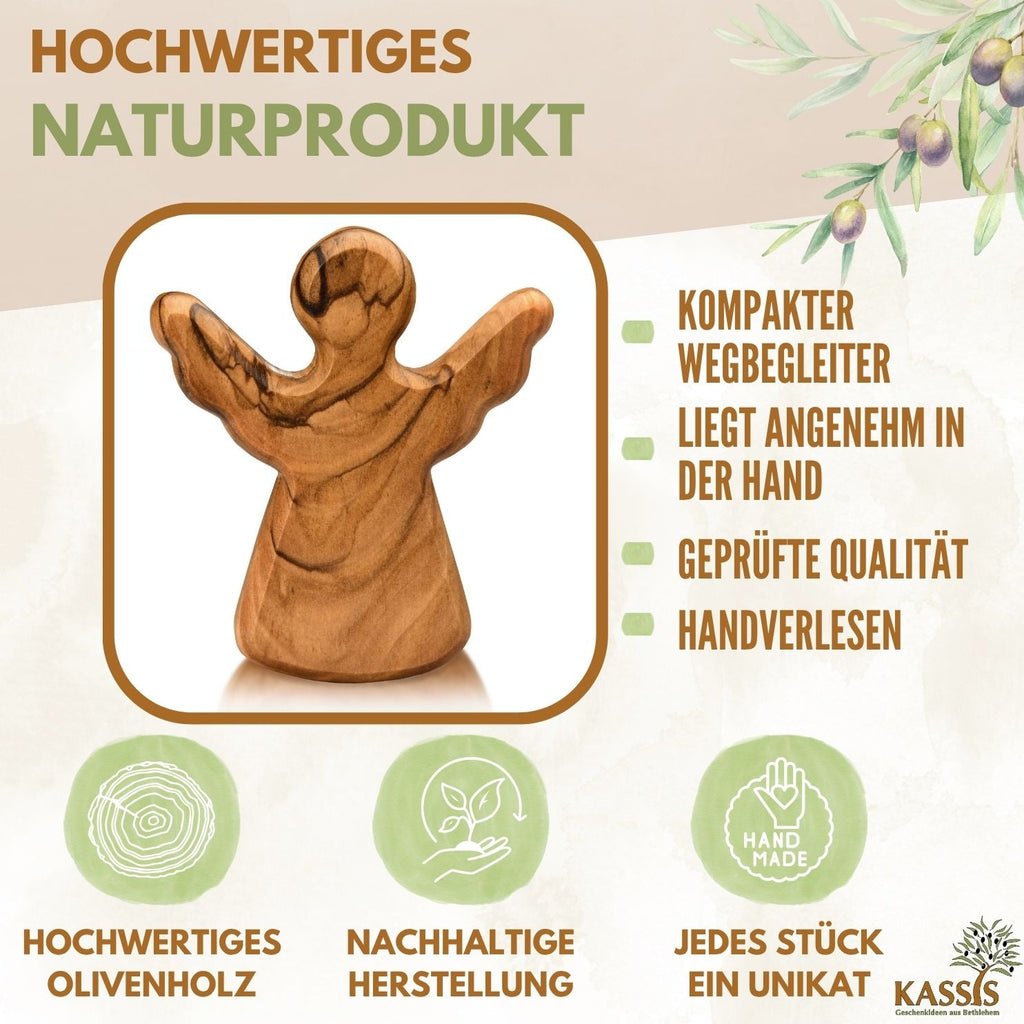 Schutzengel Handschmeichler aus Olivenholz | Kleiner Glücksbringer als Geschenk zur Taufe, Geburt & Kommunion-1