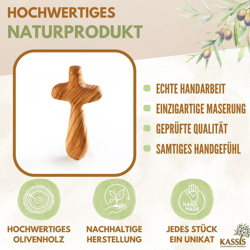 Kreuz Handschmeichler aus Olivenholz | Kleines Handkreuz als Glücksbringer & Geschenk zur Taufe, Kommunion oder Trost-1