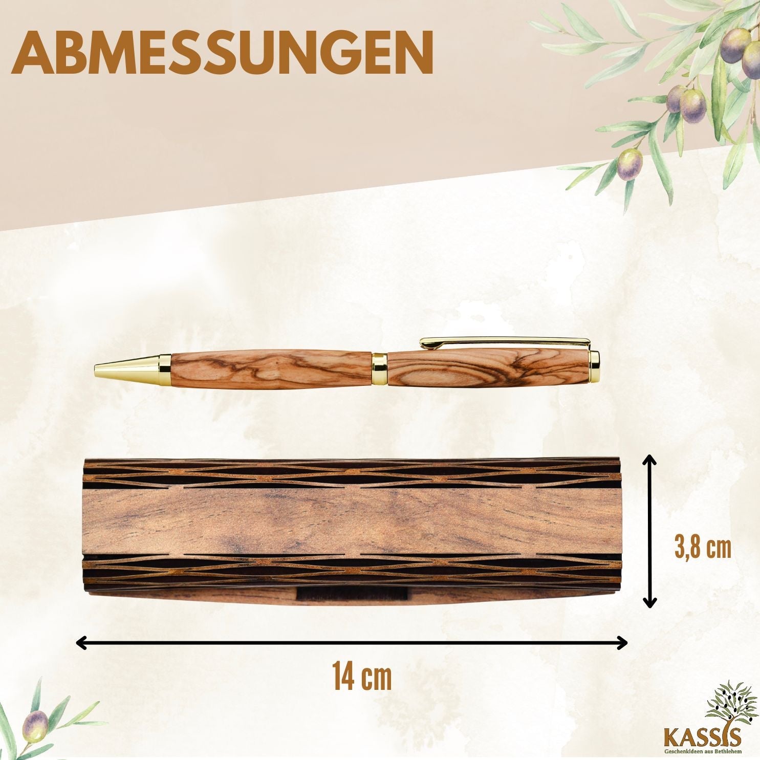 Handcrafted olive wood ballpoint pen and matching wooden presentation gift box with natural wood grain — view 3